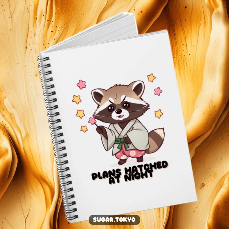 Funny notebook with a mischievous raccoon in a cool kimono, catching falling candy stars, perfect for note-taking.