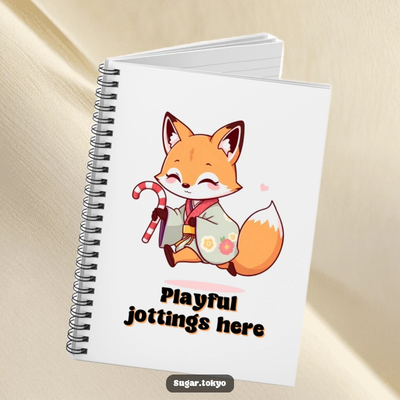 Funny notebook featuring a playful fox in a colorful kimono skipping with a candy cane, perfect for whimsical journaling and creative ideas.