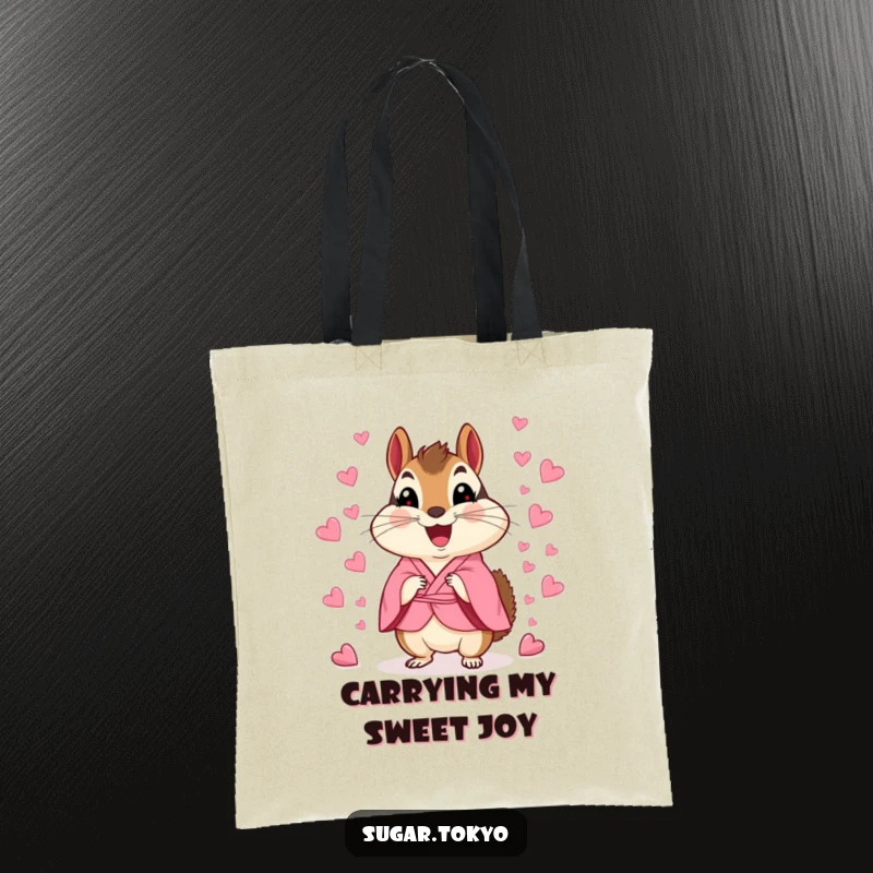 Stylish funny chipmunk in a pink kimono scattering heart confetti, a practical and humorous tote bag for daily use.