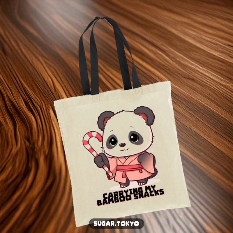 Funny curious panda in a formal silk kimono holding a swirled candy cane on a durable tote bag, showcasing cute and funny appeal.